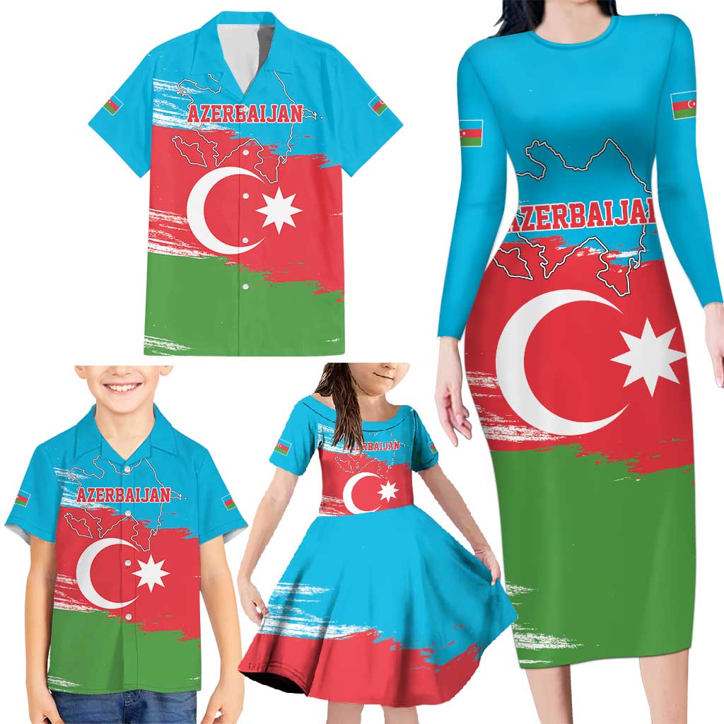 Personalized Azerbaijan Flag Style Family Matching Long Sleeve Bodycon Dress and Hawaiian Shirt Azerbaijani Flag Day