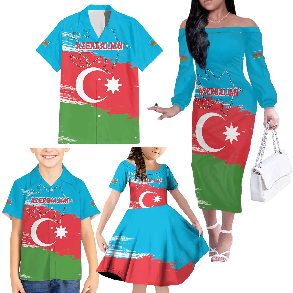 Personalized Azerbaijan Flag Style Family Matching Off The Shoulder Long Sleeve Dress and Hawaiian Shirt Azerbaijani Flag Day