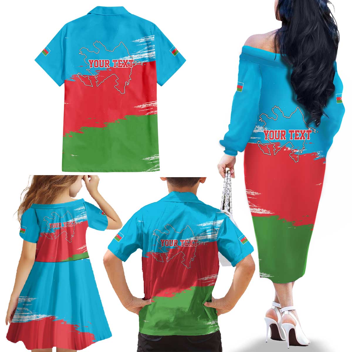 Personalized Azerbaijan Flag Style Family Matching Off The Shoulder Long Sleeve Dress and Hawaiian Shirt Azerbaijani Flag Day