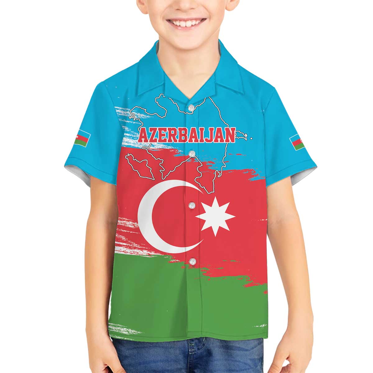 Personalized Azerbaijan Flag Style Family Matching Off The Shoulder Long Sleeve Dress and Hawaiian Shirt Azerbaijani Flag Day