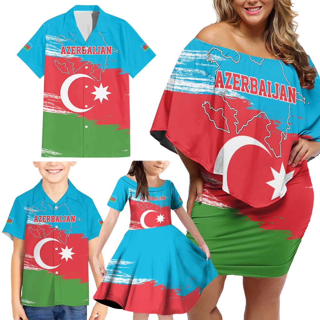 Personalized Azerbaijan Flag Style Family Matching Off Shoulder Short Dress and Hawaiian Shirt Azerbaijani Flag Day