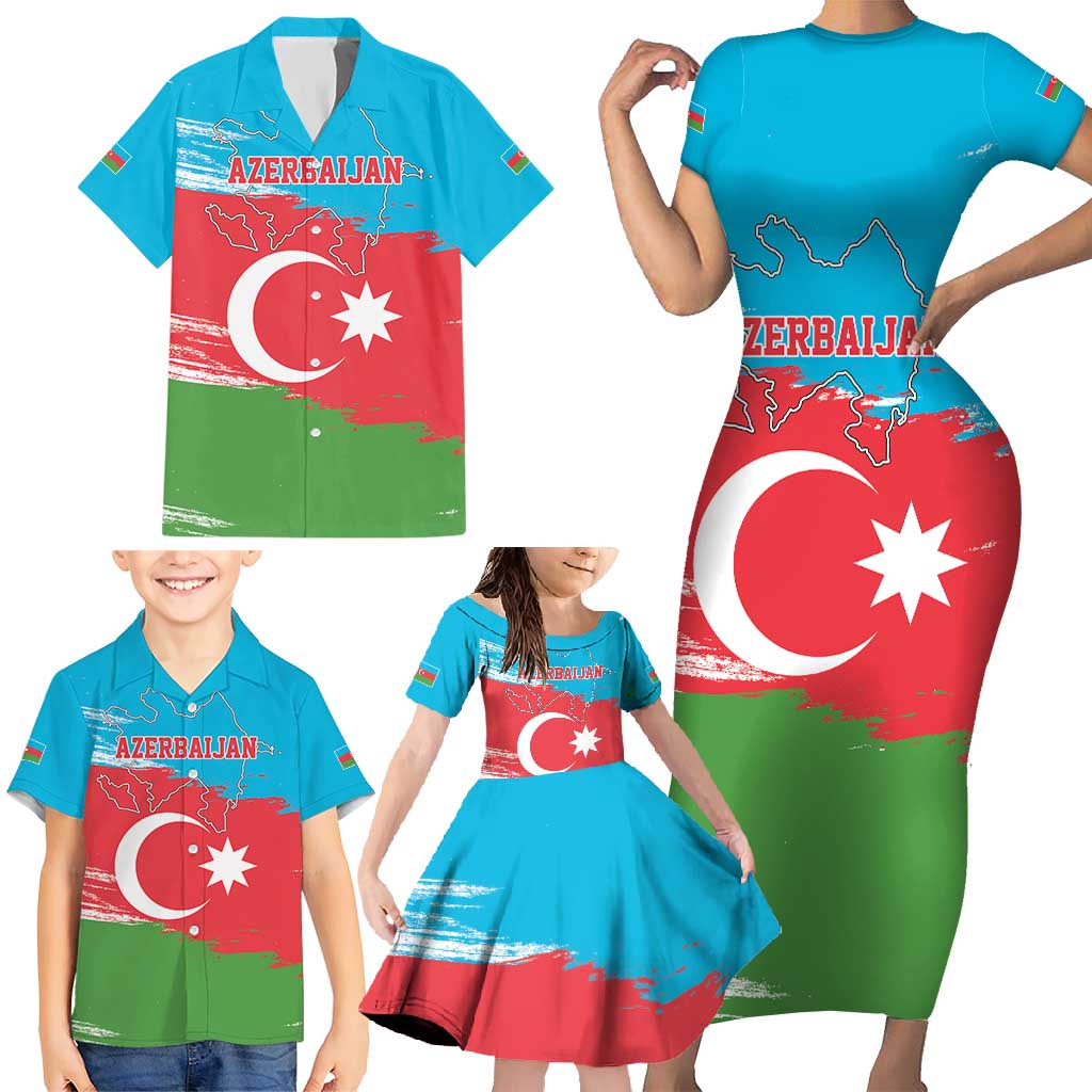 Personalized Azerbaijan Flag Style Family Matching Short Sleeve Bodycon Dress and Hawaiian Shirt Azerbaijani Flag Day