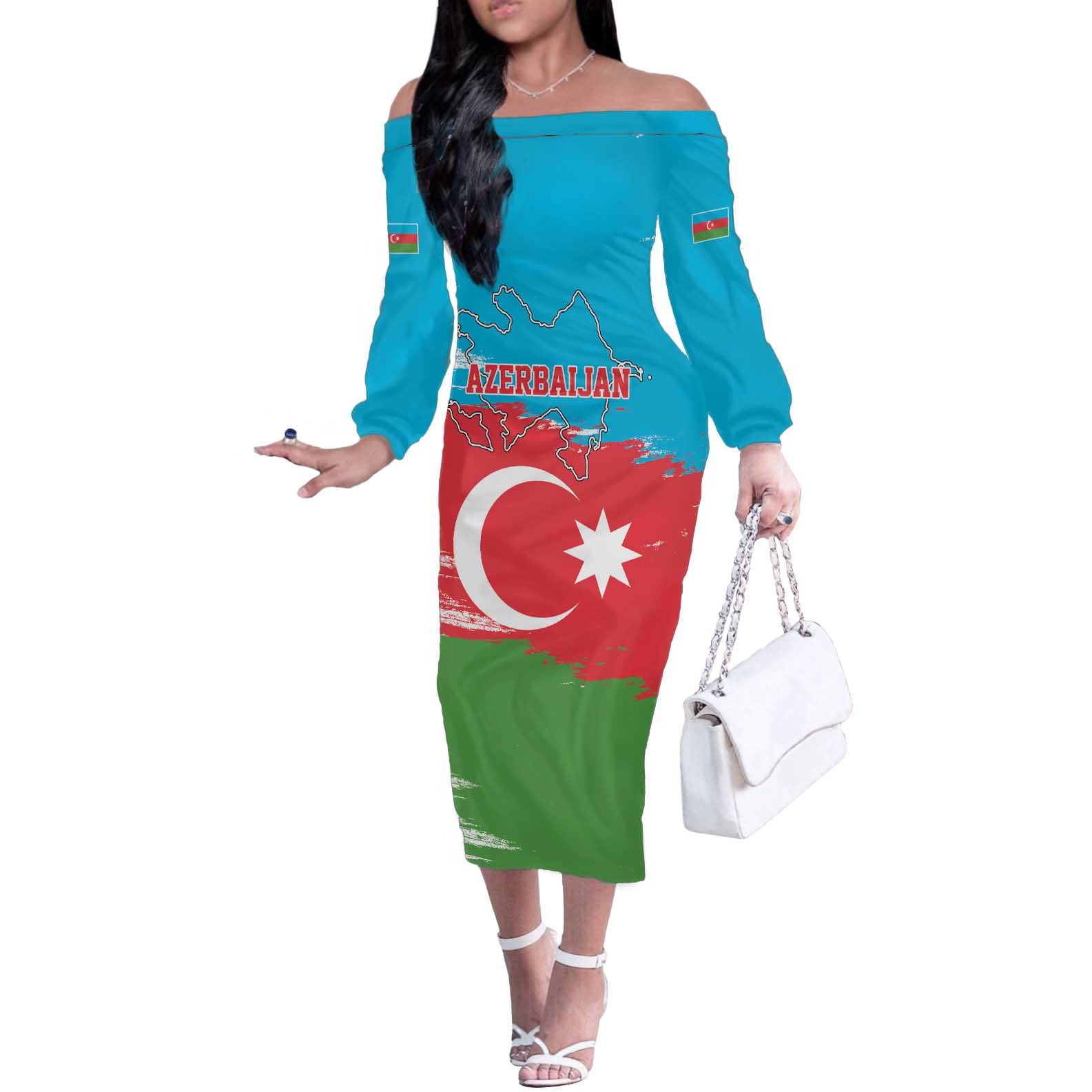 Personalized Azerbaijan Flag Style Off The Shoulder Long Sleeve Dress Azerbaijani Flag Day