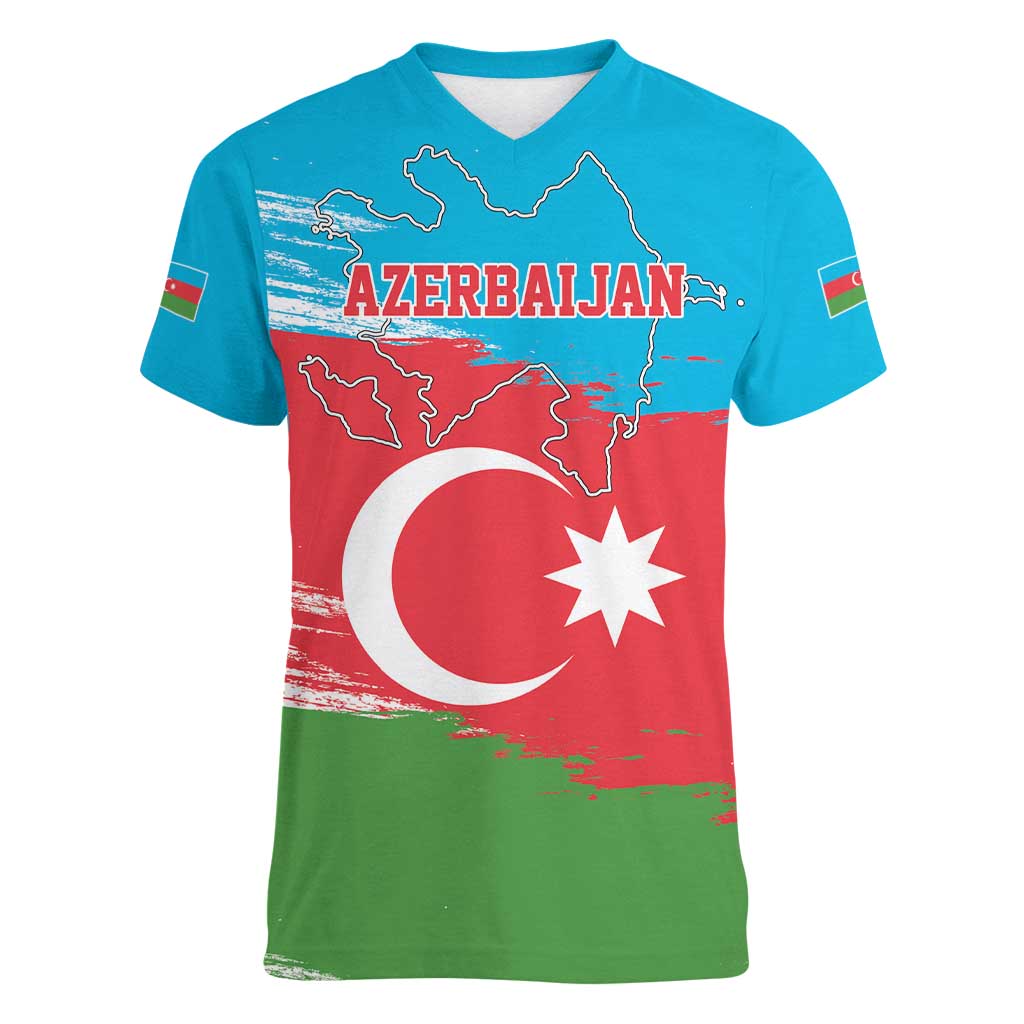 Personalized Azerbaijan Flag Style Women V-Neck T-Shirt Azerbaijani Flag Day