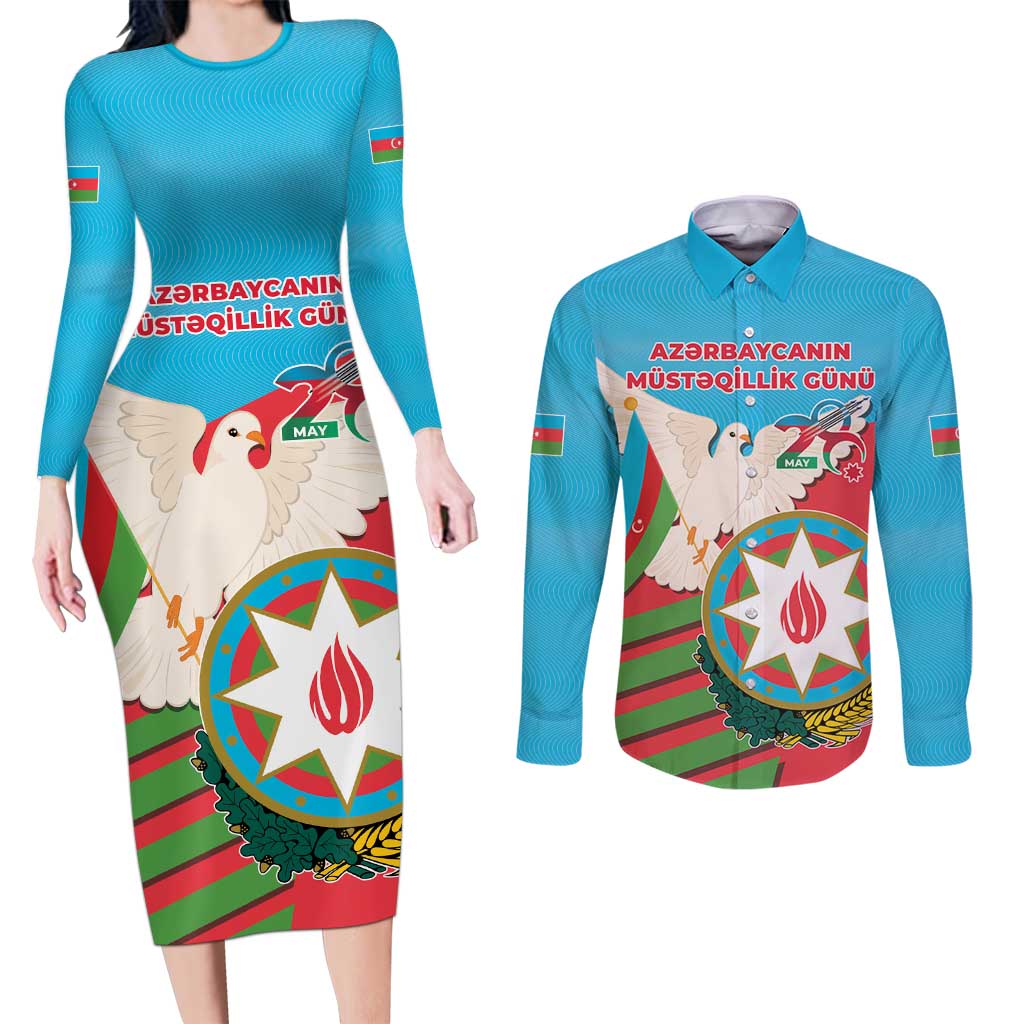 Azerbaijan Independence Day Couples Matching Long Sleeve Bodycon Dress and Long Sleeve Button Shirt Mustəqillik Gunu