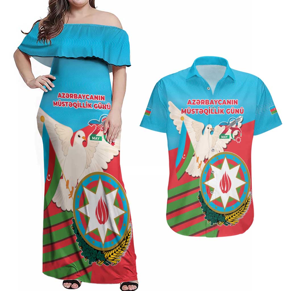 Azerbaijan Independence Day Couples Matching Off Shoulder Maxi Dress and Hawaiian Shirt Mustəqillik Gunu