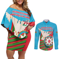 Azerbaijan Independence Day Couples Matching Off Shoulder Short Dress and Long Sleeve Button Shirt Mustəqillik Gunu