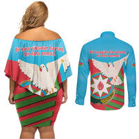 Azerbaijan Independence Day Couples Matching Off Shoulder Short Dress and Long Sleeve Button Shirt Mustəqillik Gunu