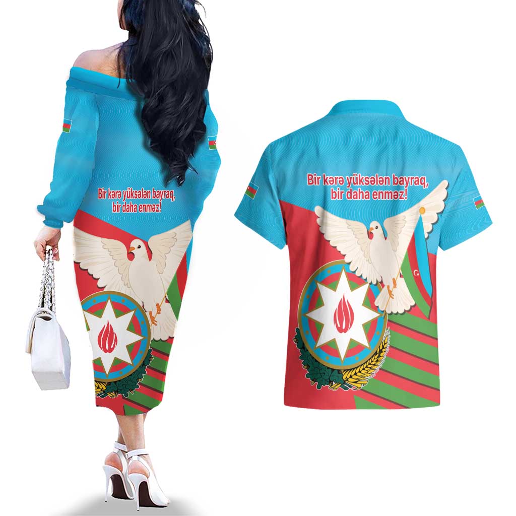 Azerbaijan Independence Day Couples Matching Off The Shoulder Long Sleeve Dress and Hawaiian Shirt Mustəqillik Gunu
