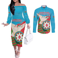 Azerbaijan Independence Day Couples Matching Off The Shoulder Long Sleeve Dress and Long Sleeve Button Shirt Mustəqillik Gunu