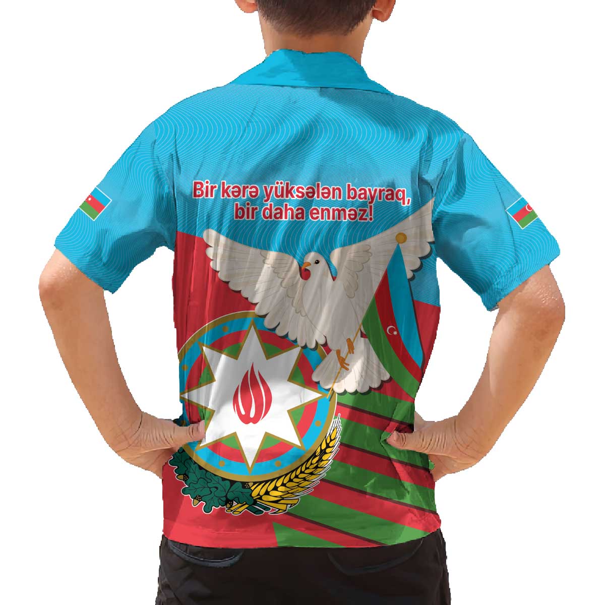 Azerbaijan Independence Day Family Matching Off The Shoulder Long Sleeve Dress and Hawaiian Shirt Mustəqillik Gunu
