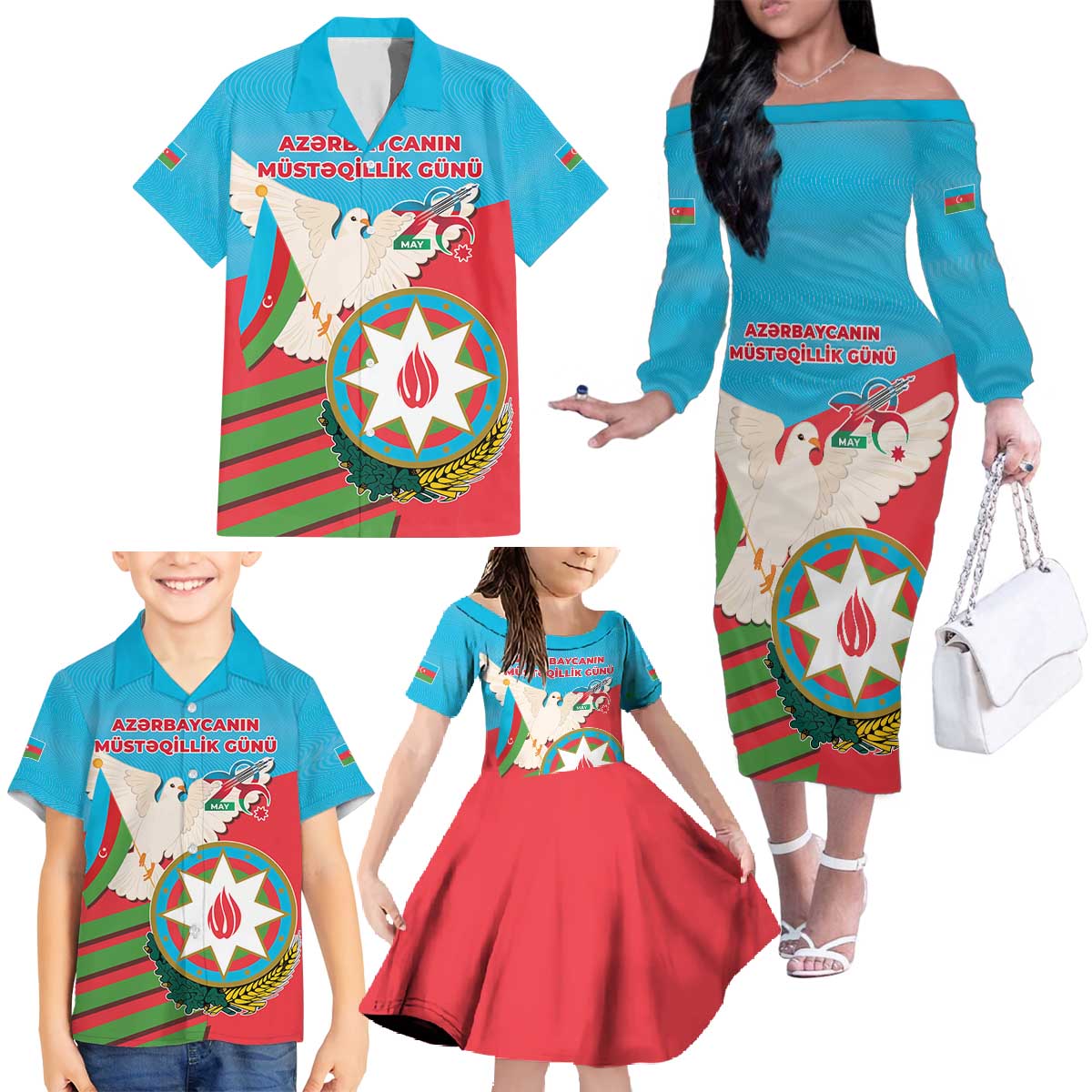 Azerbaijan Independence Day Family Matching Off The Shoulder Long Sleeve Dress and Hawaiian Shirt Mustəqillik Gunu