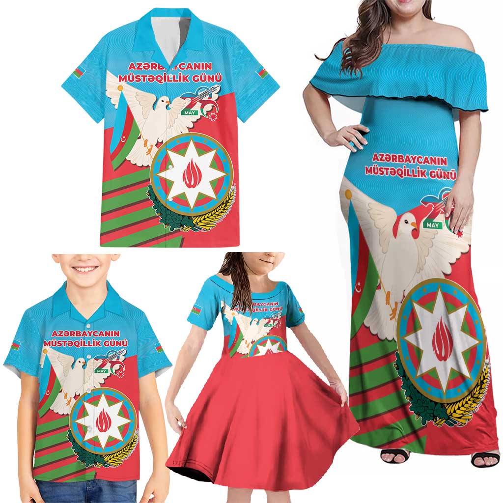Azerbaijan Independence Day Family Matching Off Shoulder Maxi Dress and Hawaiian Shirt Mustəqillik Gunu