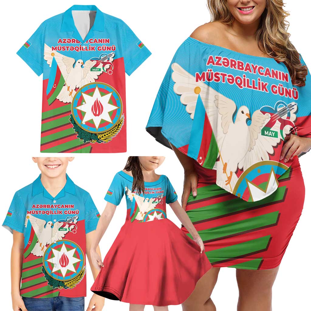 Azerbaijan Independence Day Family Matching Off Shoulder Short Dress and Hawaiian Shirt Mustəqillik Gunu