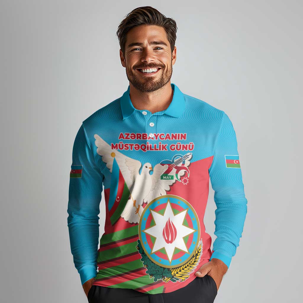 Azerbaijan Independence Day Long Sleeve Polo Shirt Mustəqillik Gunu