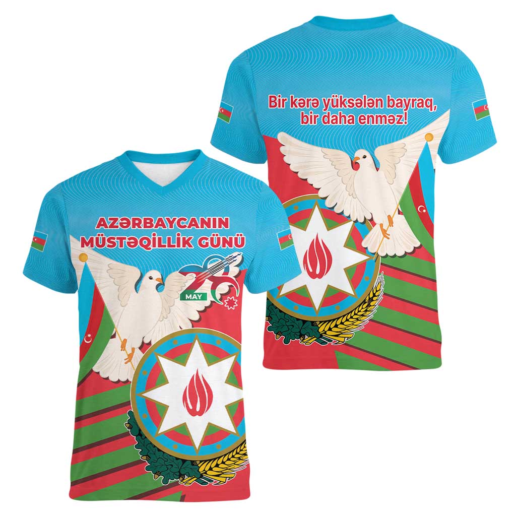 Azerbaijan Independence Day Women V-Neck T-Shirt Mustəqillik Gunu