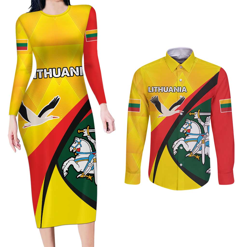 Lithuania Coat of Arms Couples Matching Long Sleeve Bodycon Dress and Long Sleeve Button Shirt Vytis and Gandras