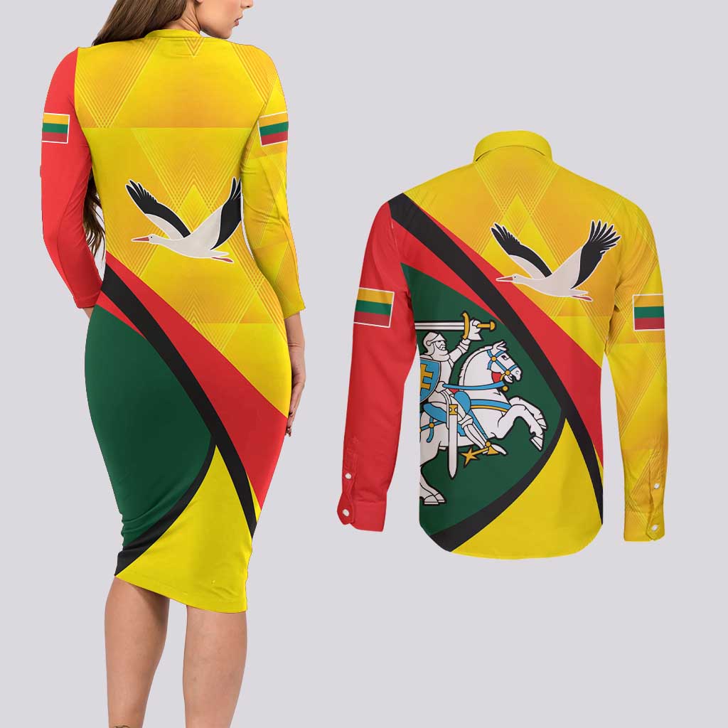 Lithuania Coat of Arms Couples Matching Long Sleeve Bodycon Dress and Long Sleeve Button Shirt Vytis and Gandras