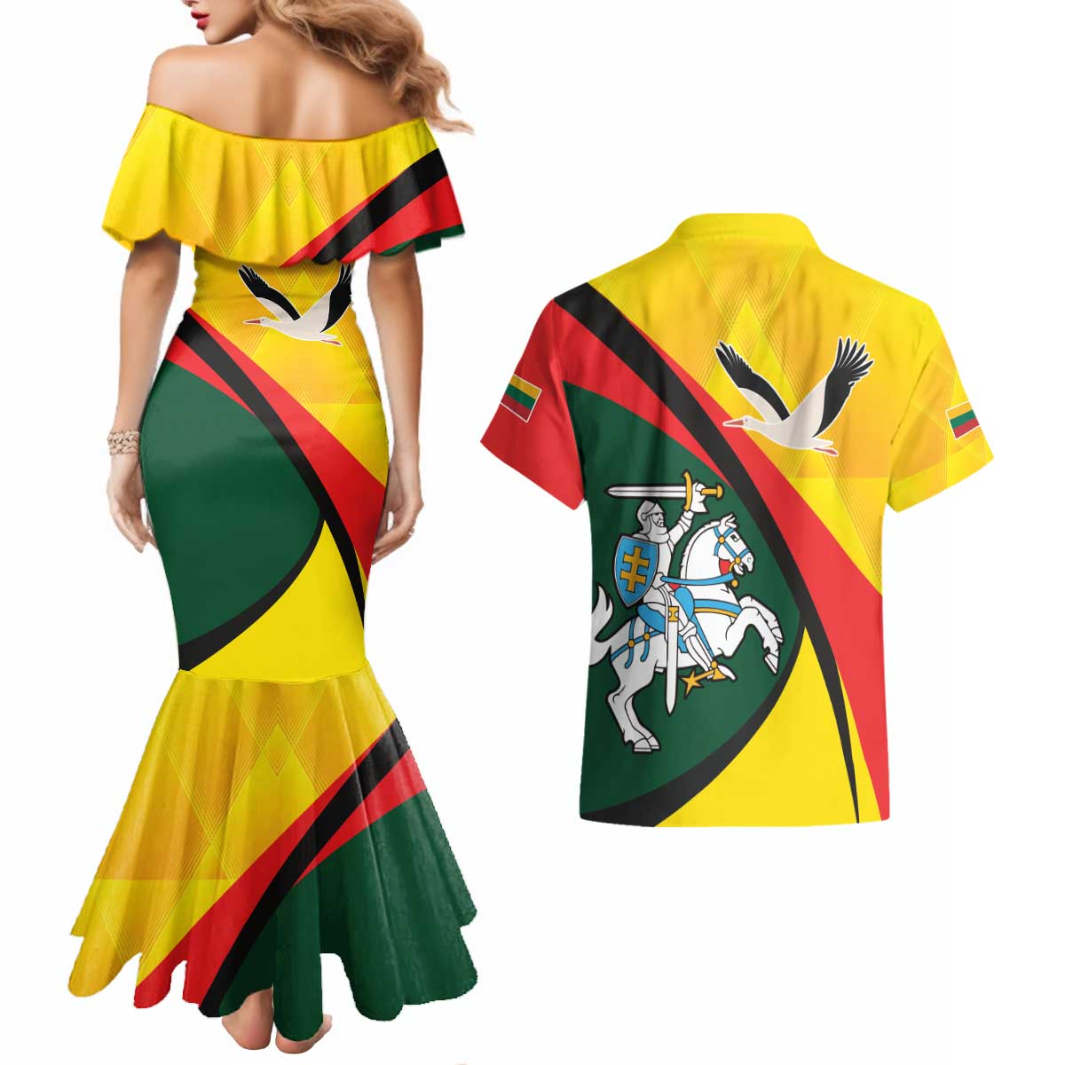 Lithuania Coat of Arms Couples Matching Mermaid Dress and Hawaiian Shirt Vytis and Gandras