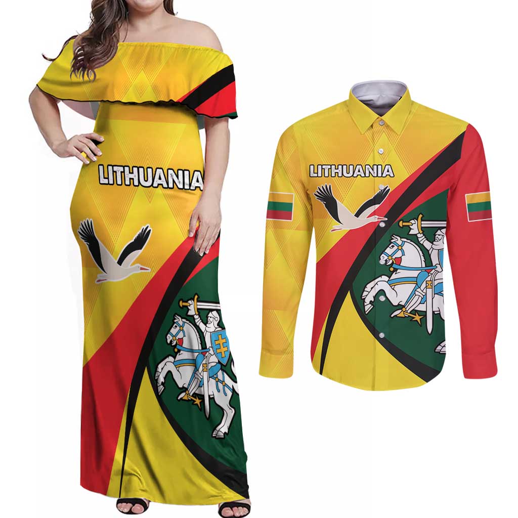 Lithuania Coat of Arms Couples Matching Off Shoulder Maxi Dress and Long Sleeve Button Shirt Vytis and Gandras