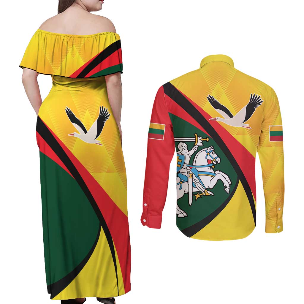 Lithuania Coat of Arms Couples Matching Off Shoulder Maxi Dress and Long Sleeve Button Shirt Vytis and Gandras