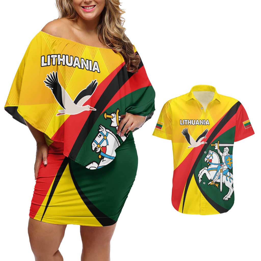 Lithuania Coat of Arms Couples Matching Off Shoulder Short Dress and Hawaiian Shirt Vytis and Gandras