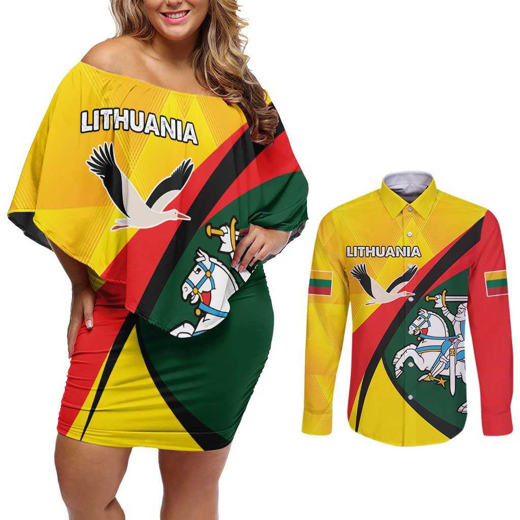 Lithuania Coat of Arms Couples Matching Off Shoulder Short Dress and Long Sleeve Button Shirt Vytis and Gandras