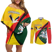 Lithuania Coat of Arms Couples Matching Off Shoulder Short Dress and Long Sleeve Button Shirt Vytis and Gandras