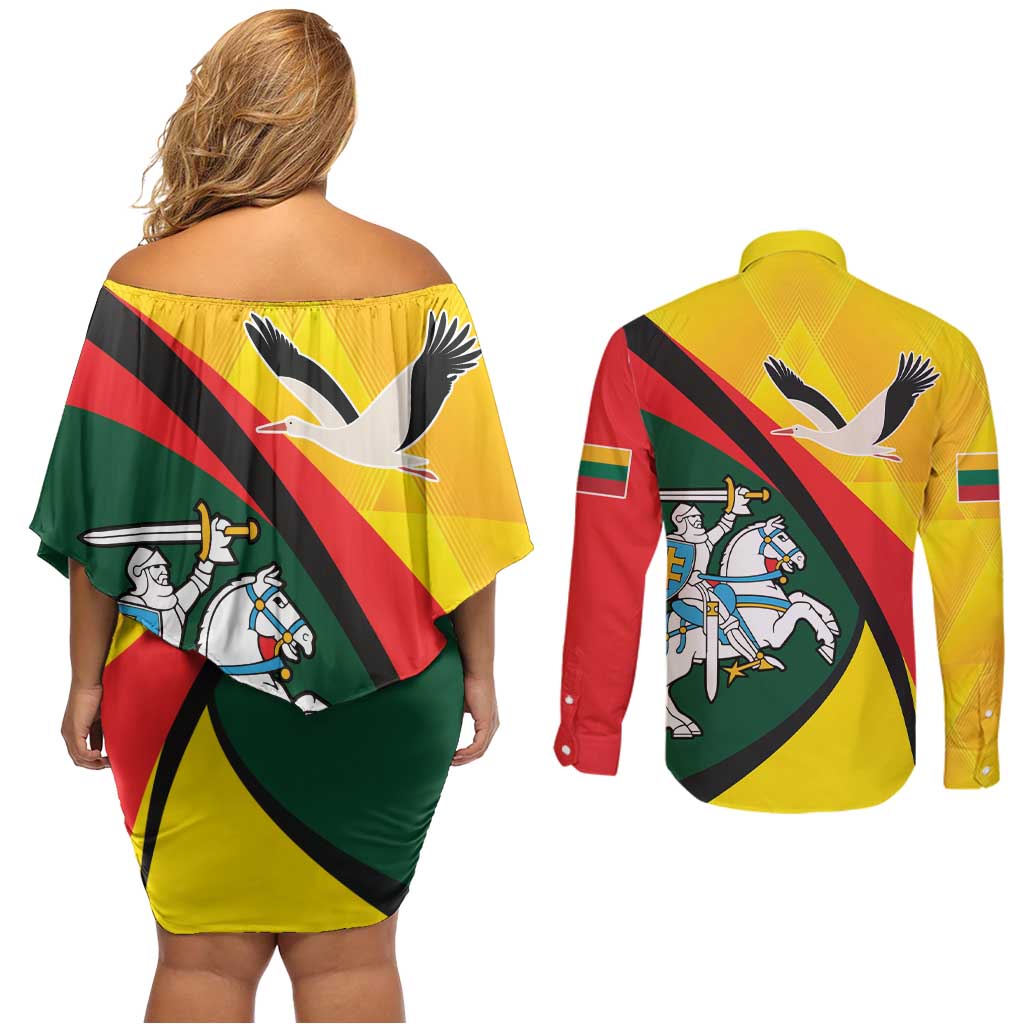 Lithuania Coat of Arms Couples Matching Off Shoulder Short Dress and Long Sleeve Button Shirt Vytis and Gandras