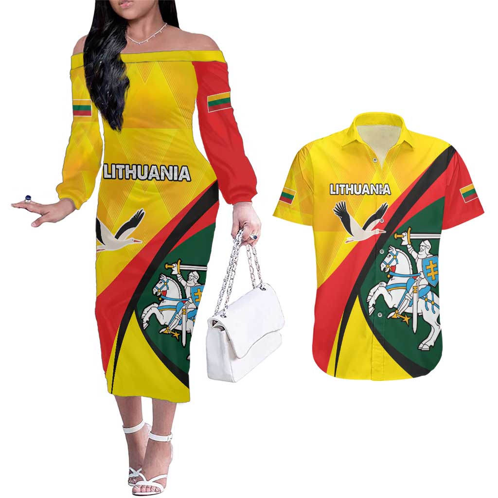 Lithuania Coat of Arms Couples Matching Off The Shoulder Long Sleeve Dress and Hawaiian Shirt Vytis and Gandras