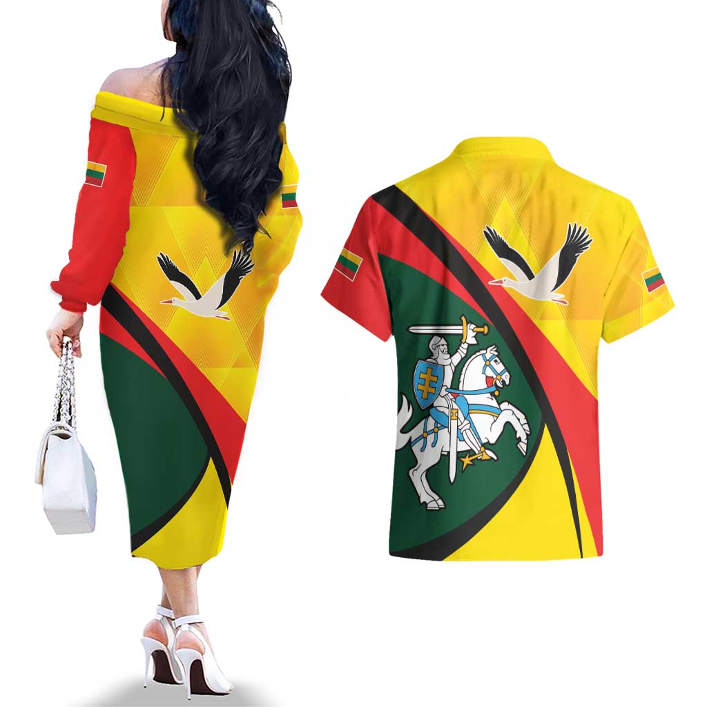 Lithuania Coat of Arms Couples Matching Off The Shoulder Long Sleeve Dress and Hawaiian Shirt Vytis and Gandras