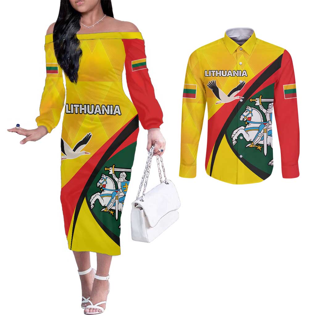 Lithuania Coat of Arms Couples Matching Off The Shoulder Long Sleeve Dress and Long Sleeve Button Shirt Vytis and Gandras