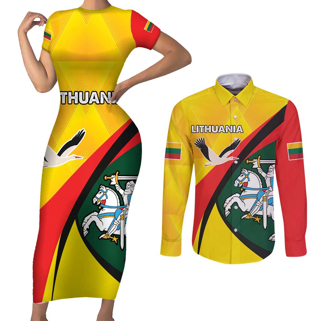 Lithuania Coat of Arms Couples Matching Short Sleeve Bodycon Dress and Long Sleeve Button Shirt Vytis and Gandras