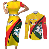 Lithuania Coat of Arms Couples Matching Short Sleeve Bodycon Dress and Long Sleeve Button Shirt Vytis and Gandras