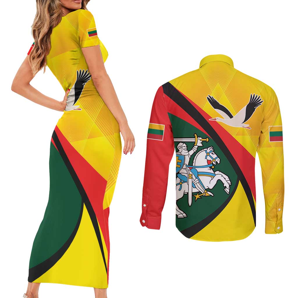 Lithuania Coat of Arms Couples Matching Short Sleeve Bodycon Dress and Long Sleeve Button Shirt Vytis and Gandras