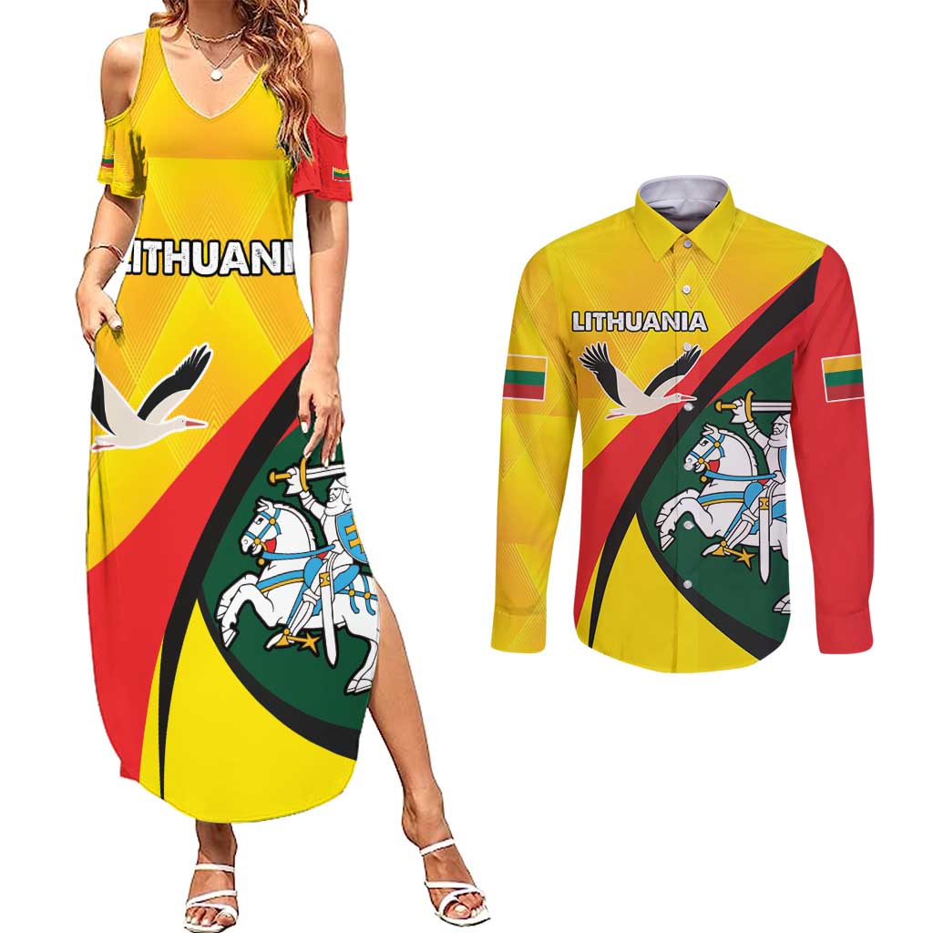 Lithuania Coat of Arms Couples Matching Summer Maxi Dress and Long Sleeve Button Shirt Vytis and Gandras