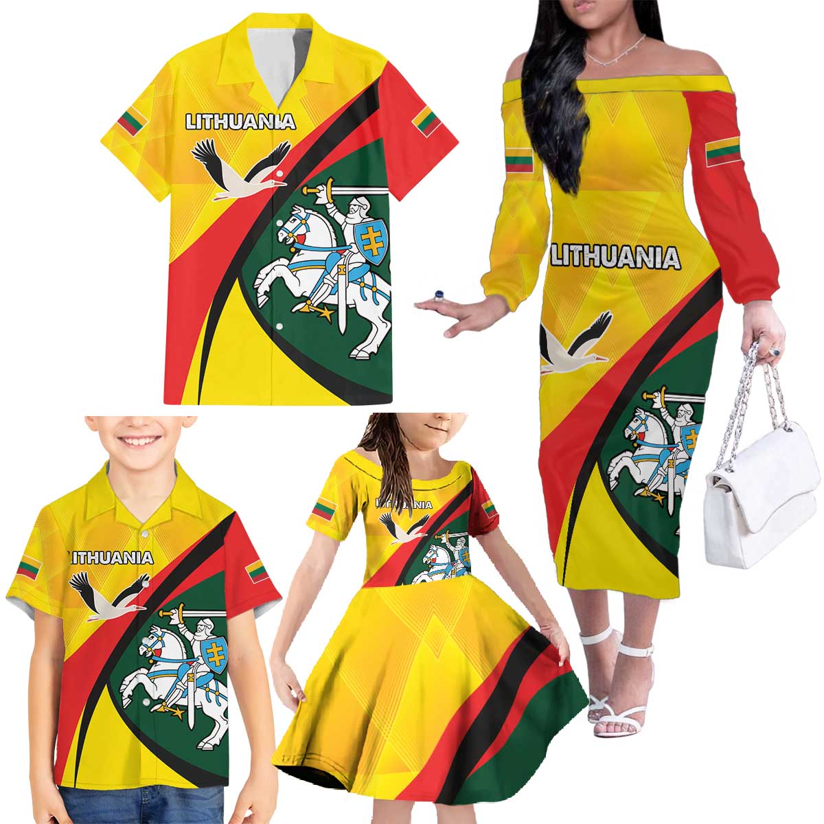 Lithuania Coat of Arms Family Matching Off The Shoulder Long Sleeve Dress and Hawaiian Shirt Vytis and Gandras
