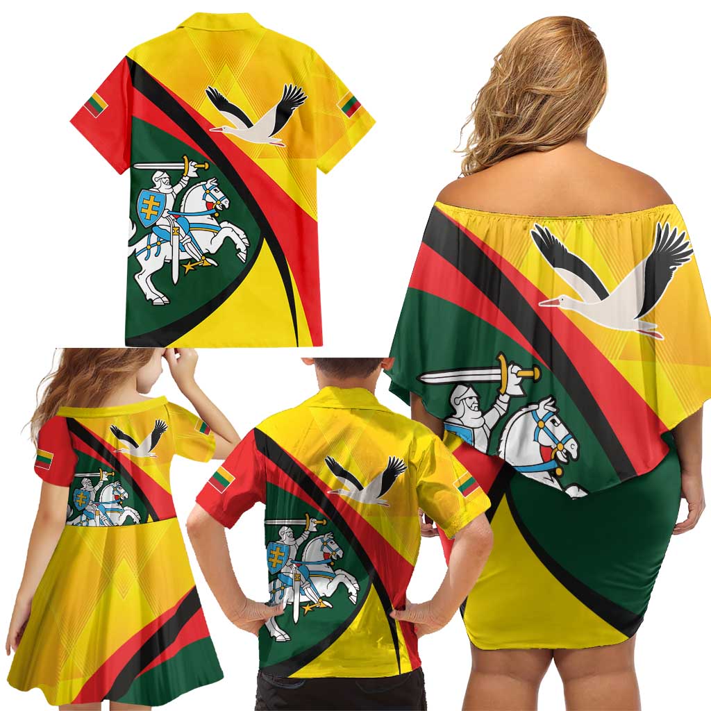 Lithuania Coat of Arms Family Matching Off Shoulder Short Dress and Hawaiian Shirt Vytis and Gandras