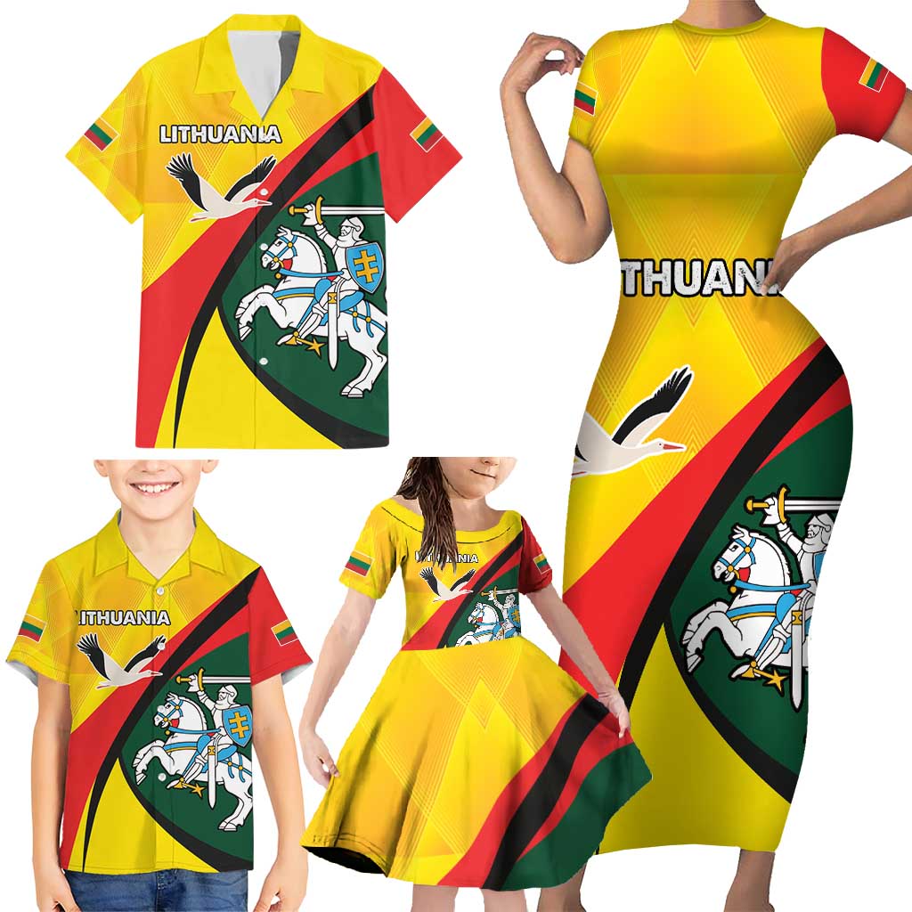 Lithuania Coat of Arms Family Matching Short Sleeve Bodycon Dress and Hawaiian Shirt Vytis and Gandras