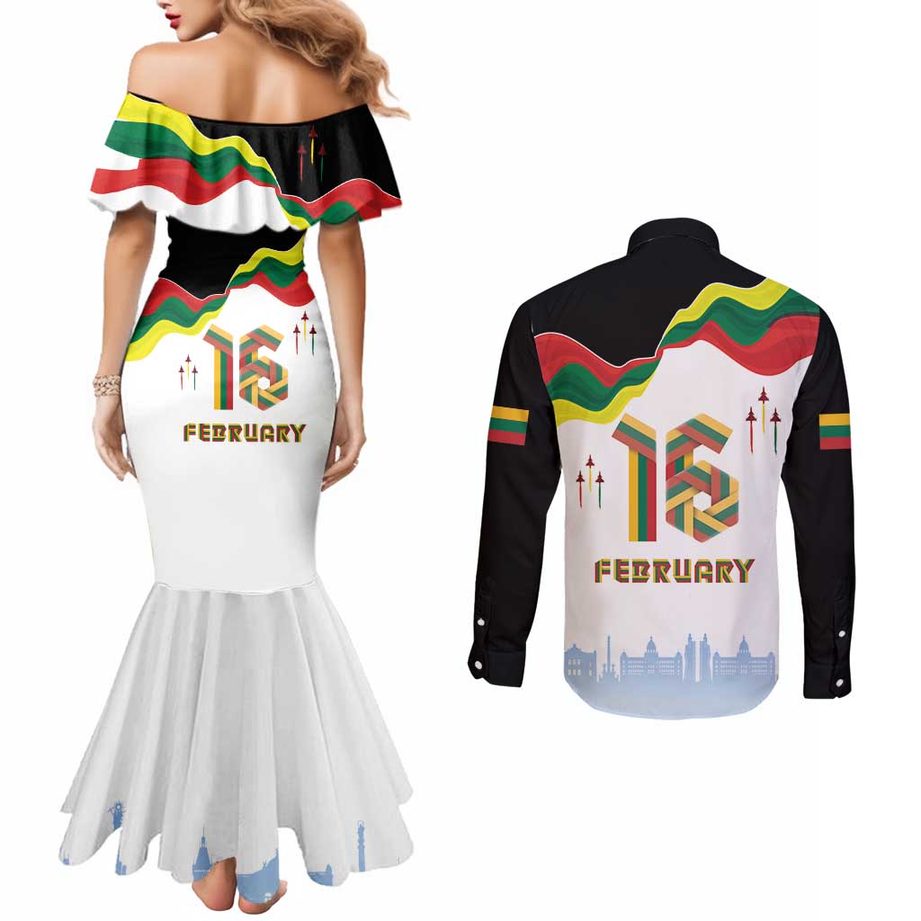 Lithuania Independence Day Couples Matching Mermaid Dress and Long Sleeve Button Shirt 16th February