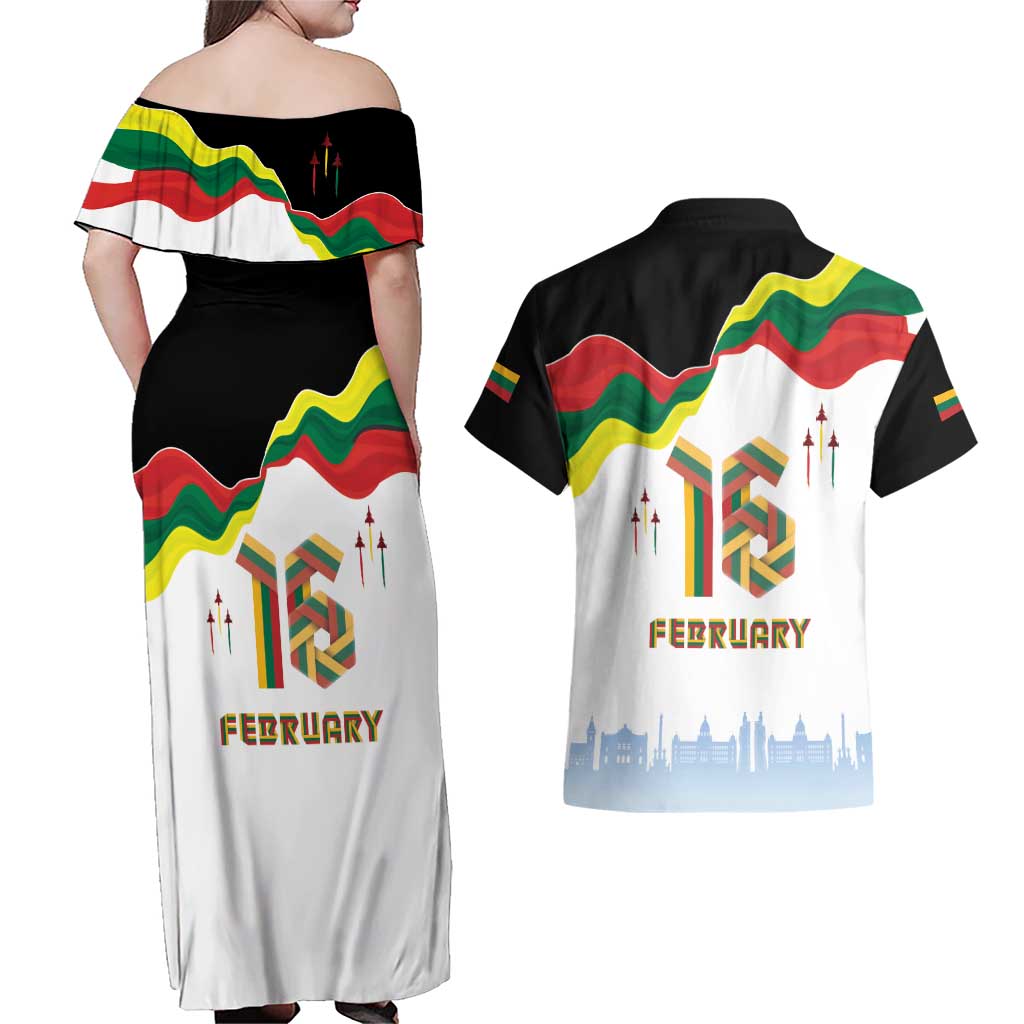 Lithuania Independence Day Couples Matching Off Shoulder Maxi Dress and Hawaiian Shirt 16th February