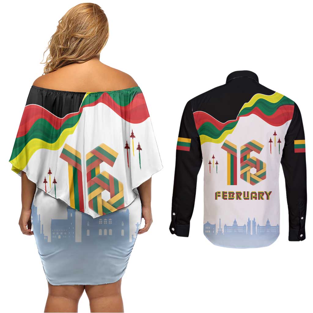 Lithuania Independence Day Couples Matching Off Shoulder Short Dress and Long Sleeve Button Shirt 16th February