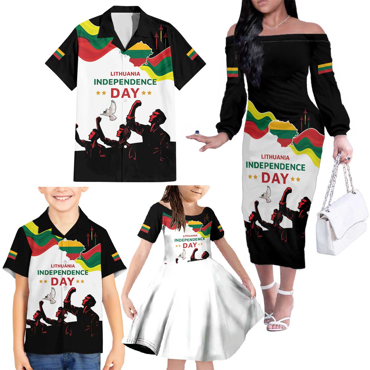 Lithuania Independence Day Family Matching Off The Shoulder Long Sleeve Dress and Hawaiian Shirt 16th February