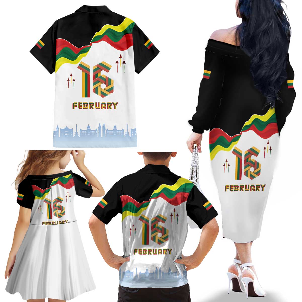 Lithuania Independence Day Family Matching Off The Shoulder Long Sleeve Dress and Hawaiian Shirt 16th February