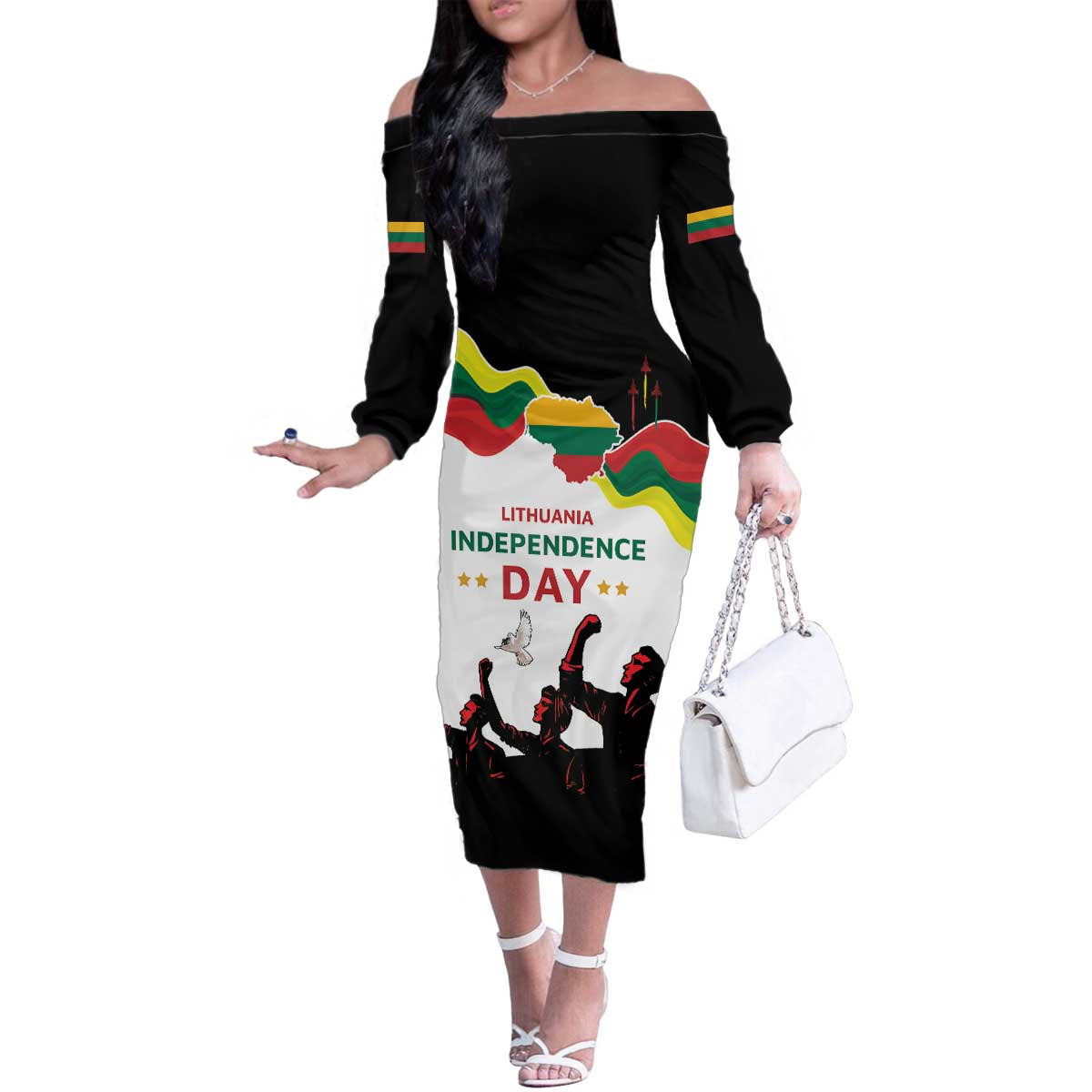 Lithuania Independence Day Family Matching Off The Shoulder Long Sleeve Dress and Hawaiian Shirt 16th February