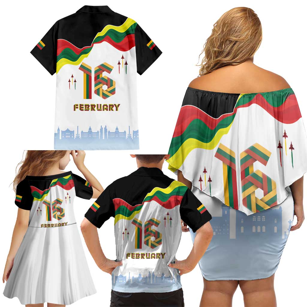 Lithuania Independence Day Family Matching Off Shoulder Short Dress and Hawaiian Shirt 16th February