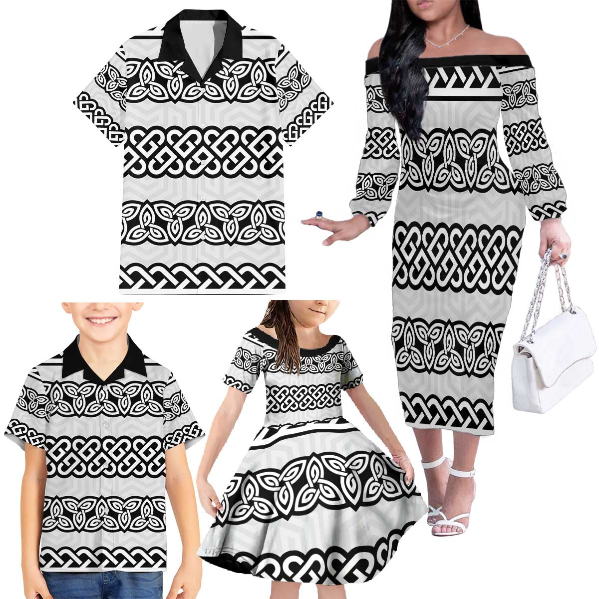 Ireland Celtic Pattern Family Matching Off The Shoulder Long Sleeve Dress and Hawaiian Shirt Celtic Knot