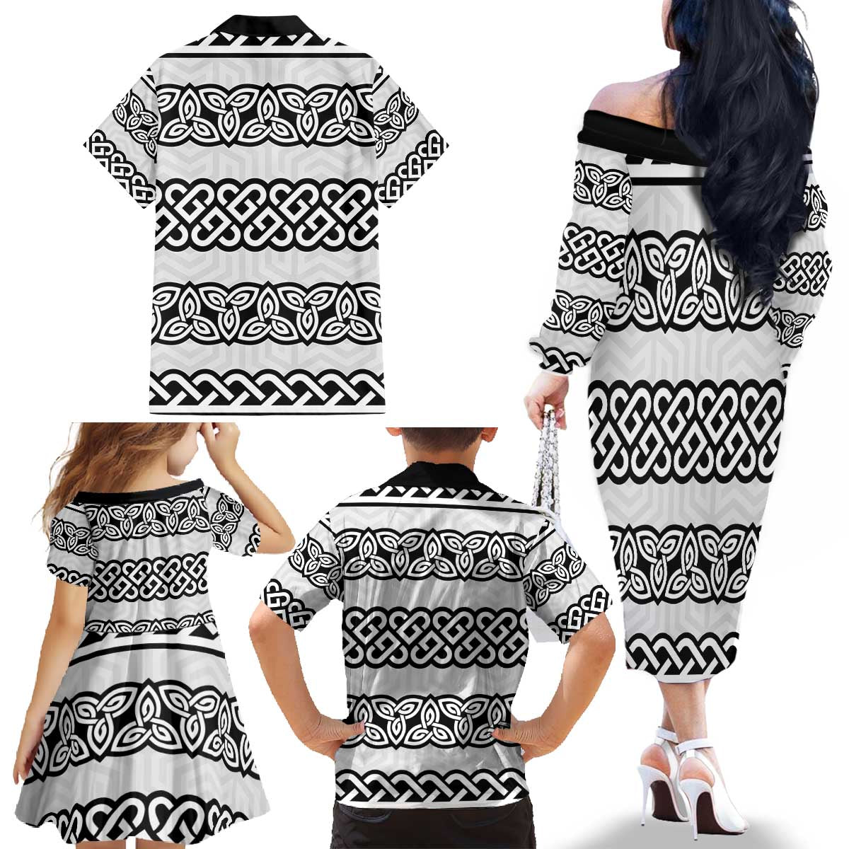 Ireland Celtic Pattern Family Matching Off The Shoulder Long Sleeve Dress and Hawaiian Shirt Celtic Knot