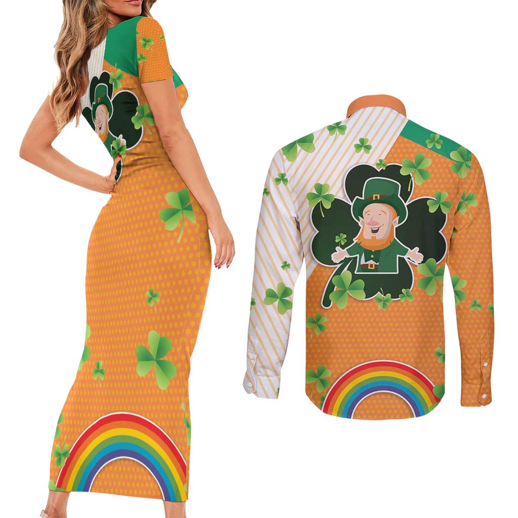 Ireland Irish Leprechaun with Shamrock Couples Matching Short Sleeve Bodycon Dress and Long Sleeve Button Shirt Ireland 17th March Saint Patrick's Day