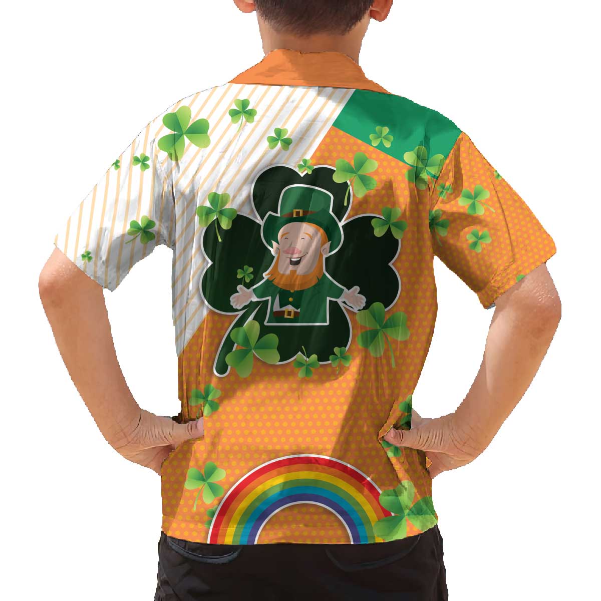 Ireland Irish Leprechaun with Shamrock Family Matching Off The Shoulder Long Sleeve Dress and Hawaiian Shirt Ireland 17th March Saint Patrick's Day